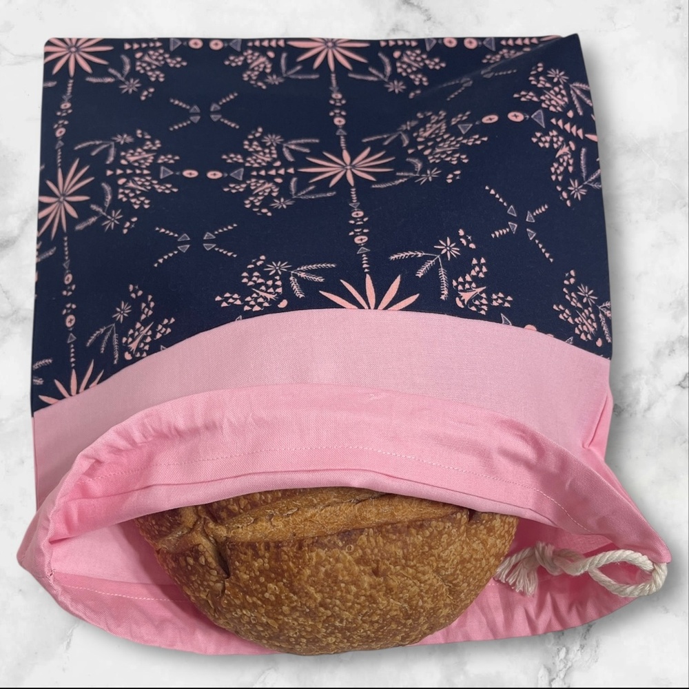 PInk & Blue Floral Cotton Linen Bread Bag, Sourdough Boule Bread Keeper Reusable
